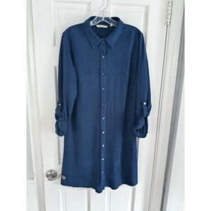 Soft Surroundings Women's Sz M Blue Velour Shirt Dress‎ Roll Tab Lagenlook Artsy
